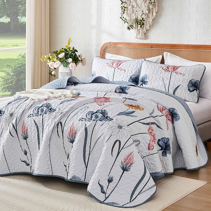 WONGS BEDDING King Size Quilt Set, 3-Piece Lightweight Botanical Bedspread | - Image 2