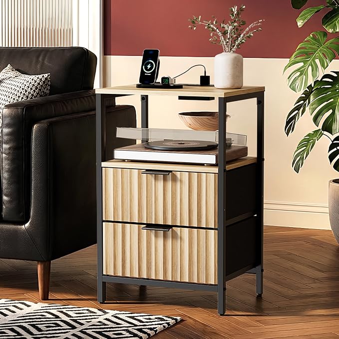 VINGLI Night Stand with Charging Station and Fabric Drawers, Fluted Nightstand - Image 3