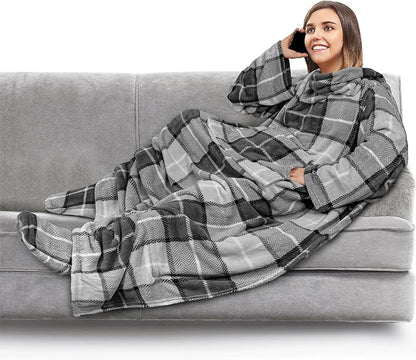 PAVILIA Fleece Blanket with Sleeves, Foot Pockets for Women Men Adults, Plush Wearable Blanket Throw Wrap, Warm Snuggle Blanket Robe, Cozy Gift Ideas Wife Mom, Plaid Dark Gray