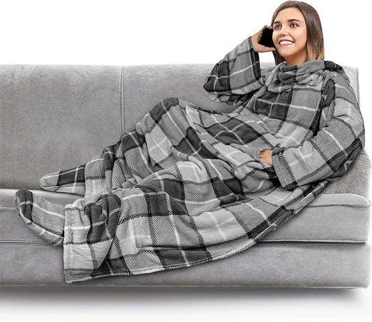 PAVILIA Fleece Blanket with Sleeves, Foot Pockets for Women Men Adults, Plush Wearable Blanket Throw Wrap, Warm Snuggle Blanket Robe, Cozy Gift Ideas Wife Mom, Plaid Dark Gray