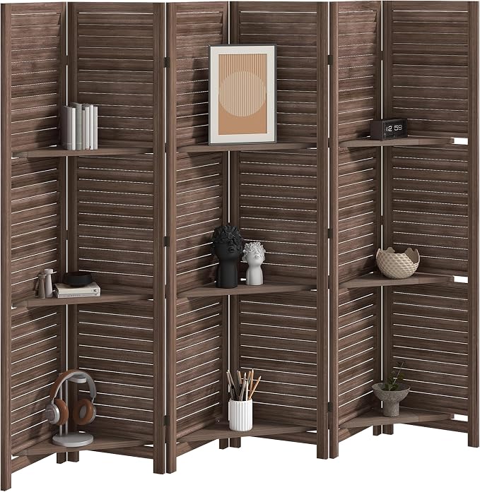 HOMCOM Room Divider 6 Panel 67" Tall Wood Privacy Screen Walnut | 3 Display by HOMCOM