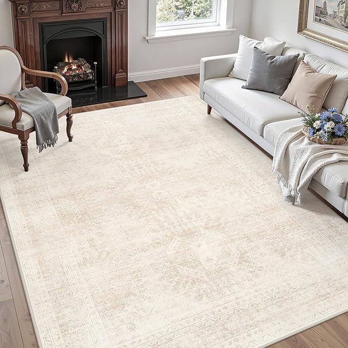 4x6 Area Rugs Living Room: Bedroom Neutral Washable Carpet Beige | Large - Image 3