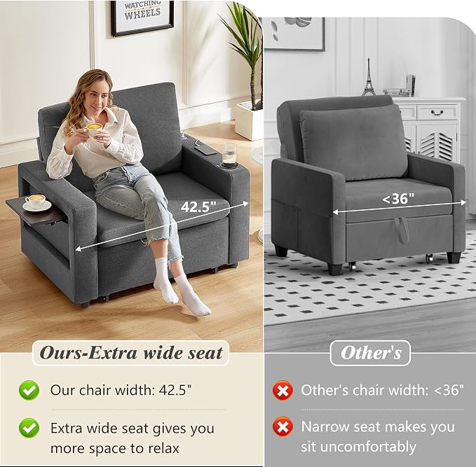 WEUP 42.5" Sleeper Chair Bed, 3-in-1 Convertible Reclining Sofa Chair - Image 5