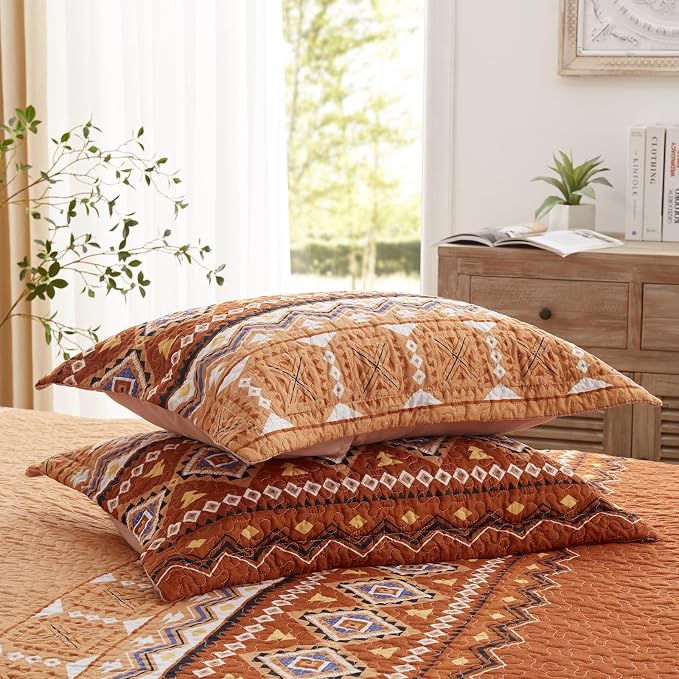 2 Pieces Twin Size Quilt Set Burnt Orange Rust Bohemian Bedspread Coverlet - Image 7