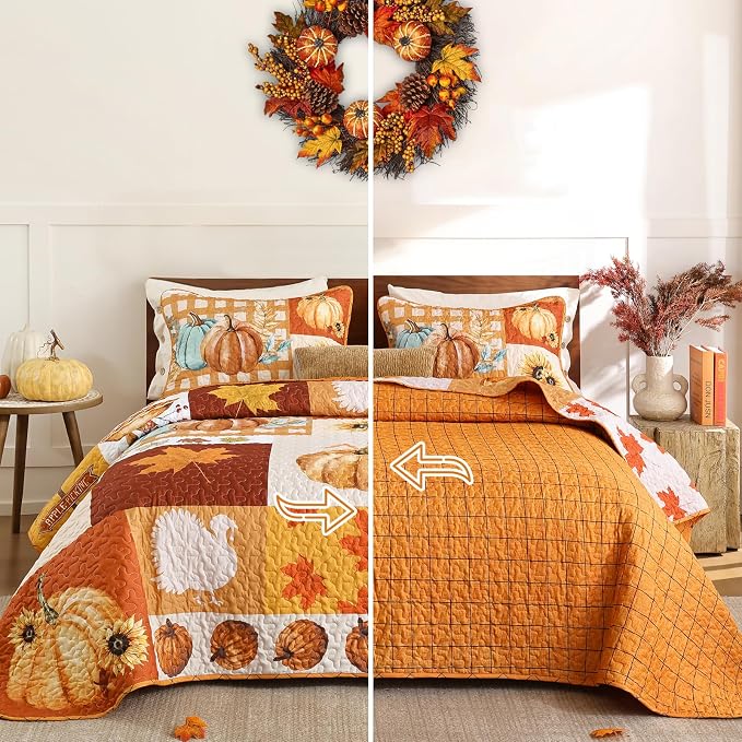 WONGS BEDDING Fall Thanksgiving King Quilt, Pumpkin Maple Leaves Bedspread | - Image 6