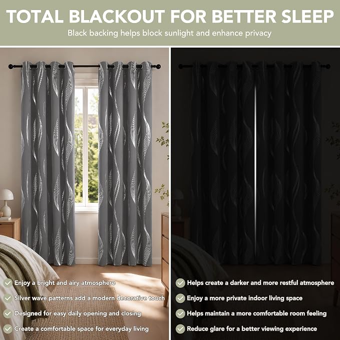 Deconovo Silver Foil Wave Pattern Total Blackout Curtain Panels, Living Room - Image 3