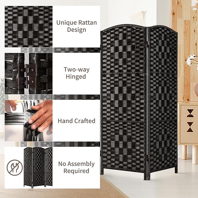 HALLYBEE Short Room Divider, Small Folding Privacy Screens, 3 Panel Black | - Image 4