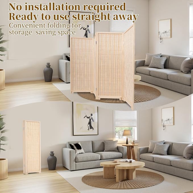 Bamboo Room Divider 4 Panel 47" H, 360°Rotating Feet Privacy Screen, Portable - Image 4