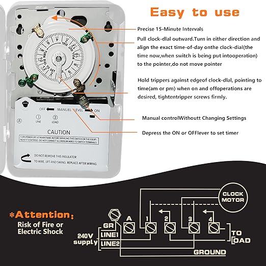 T101 Mechanical Time Switch,24-Hour 120 V Mechanical Time Switch,Reliable Control for Various Loads,12 ON/Off Operations - Manual Override & Included Trippers