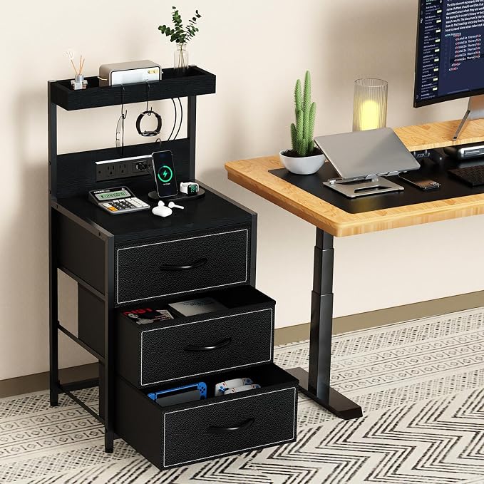 SZLHANJZ LED Nightstand with Charging Station, 3 Fabric Drawers Night Stand | - Image 5