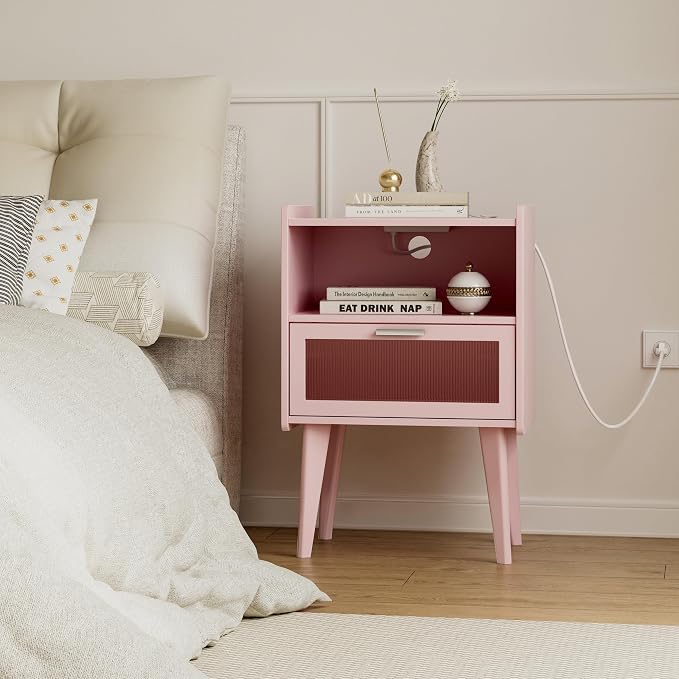 MMEOLUOOK Nightstand with Charging Station, Bedside Tables Pink End Table Side - Image 6