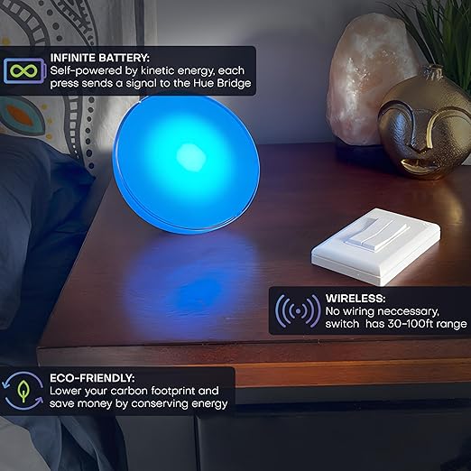 RunLessWire Click for Philips Hue – Battery-Free Wireless Smart Light Switch, 30ft Range – Works Natively with Philips Hue Bridge – Wall Mount Kinetic Switch - Decora Style, White 3 Pack