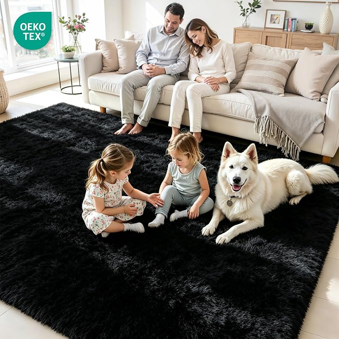 5x7 Fluffy Area Rug for Living Room: Soft Non-Slip Black Bedroom Carpet | Ultra - Image 4