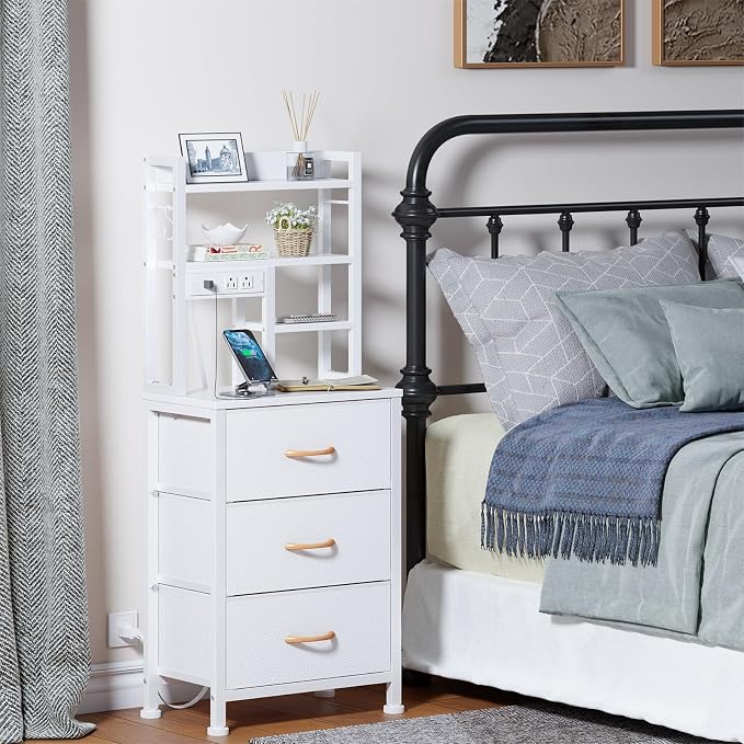 Tall Nightstand, 3 PVC Fabric Drawers and 4-Tier Storage Shelf, Bedside Table - Image 2