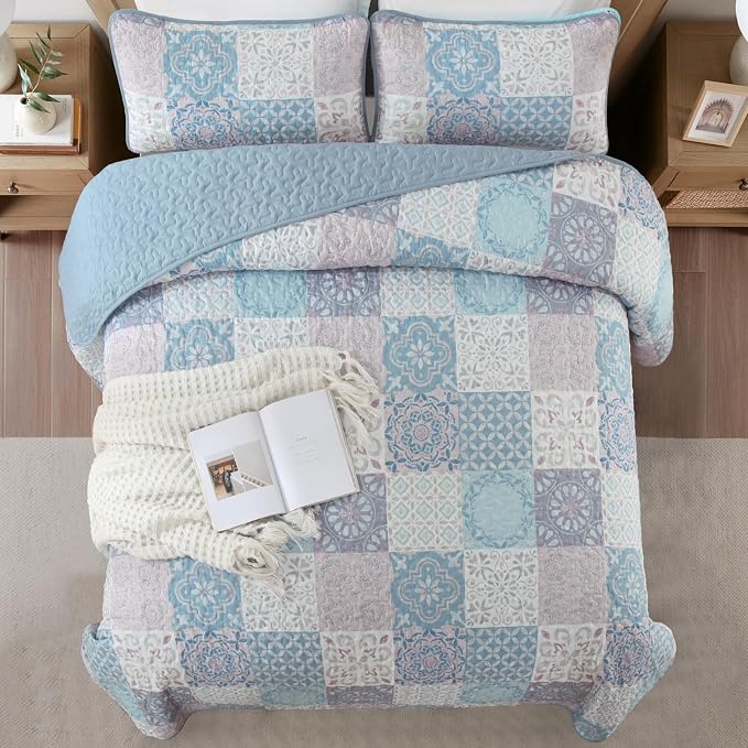 Dobuyly Quilt Set Queen Size, Light Blue/Pink Patchwork Bedspread 3 Pieces - Image 3