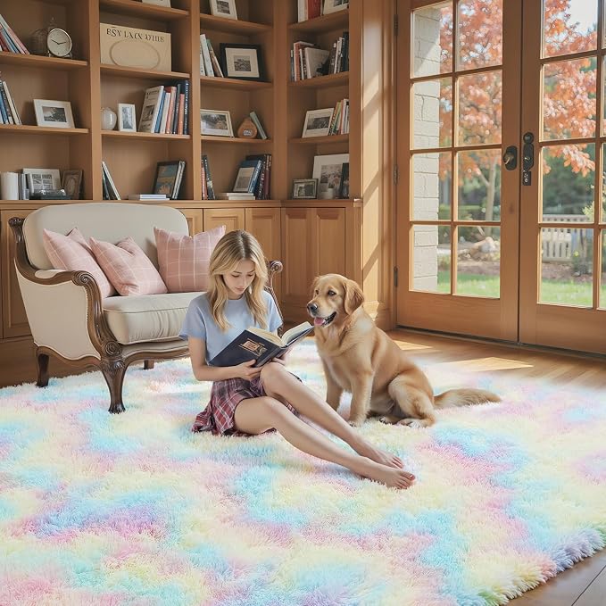 8x10 Area Rugs for Living Room, Rainbow Large Shaggy Carpet Plush Furry Rug | - Image 7