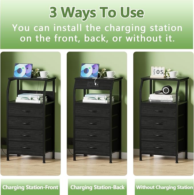 Tall Night Stand with Charging Station, 4 Drawers Bedside Table | Small Black - Image 6