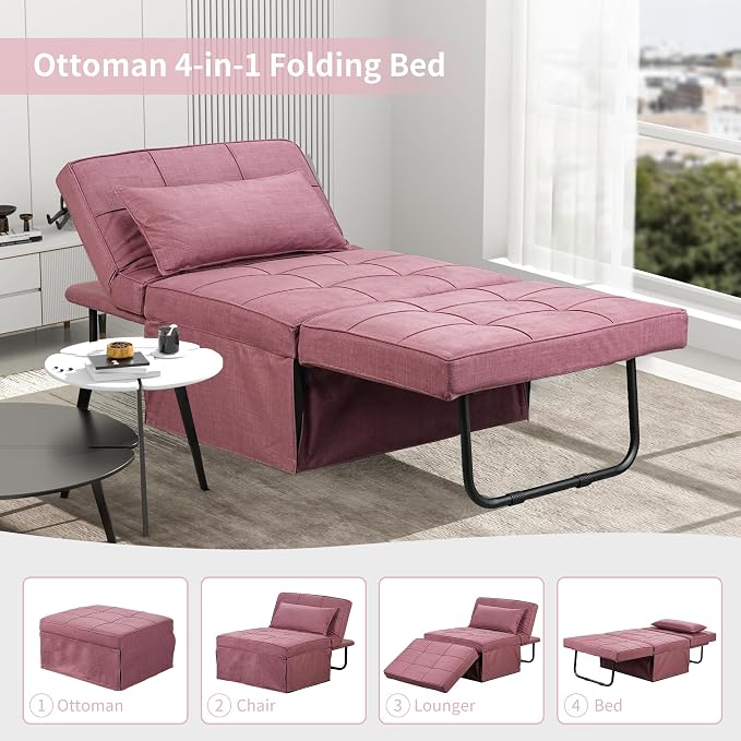Pink Sofa Bed, 4 in 1 Convertible Chair Multi-Function Folding Ottoman Guest Bed - Image 3