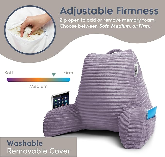 Nestl Reading Pillow with Shredded Memory Foam, Luxe Cut Plush Back Pillow for Sitting Up in Bed, Back and Arms Adjustable Support for Adult & Teens, Backrest Pillows with Washable Cover Dusty Purple