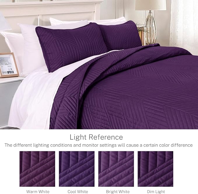 Exclusivo Mezcla Ultrasonic Full Queen Quilt Bedding Set, Deep Purple | - Image 3