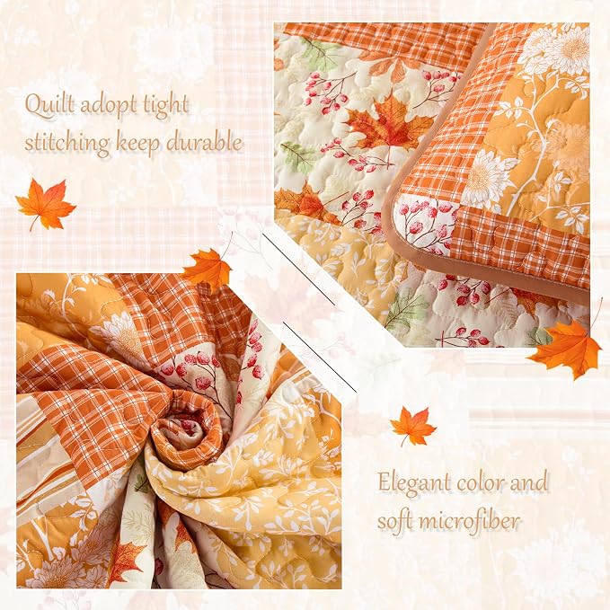 Mybedsoul Orange Boho Quilt Set Queen Size, 3 Pieces Plaid Floral Bedspread - Image 5