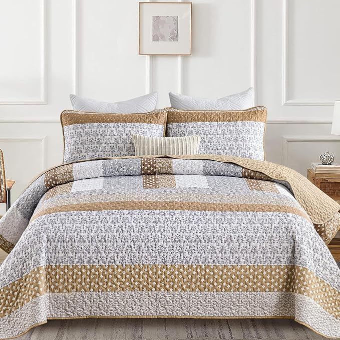 WONGS BEDDING Brown Queen Quilt Bedding Set, Bohemian Stripe Bedspread | - Image 2
