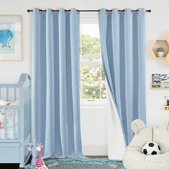 Baby Blue Linen Blackout Curtains 84 Inch Long Each 60 Wide 2 Panels | Thermal by Lajode