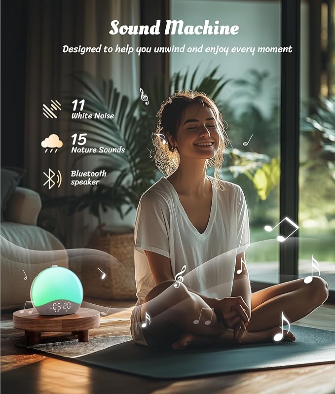 ecozy Sunrise Alarm Clock, White Noise Sound Machine, Alarm Clock for Bedrooms, 26 Soothing Sounds, 17 Night Lights, Bluetooth Speaker, Wake Up Sunlight for Heavy Sleepers, Adults, Kids
