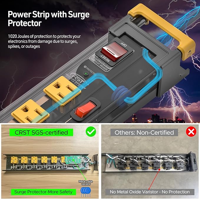 CRST 6 Outlets Heavy Duty Metal Power Strip with Individual Switches, 15A/1875W 1020Joules Surge Protector Power Strip with Cord Manager for Garage, Shop, Workspace, Home, Office, School. 6FT Cord