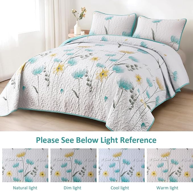 Dinjoy Floral Quilt Set Queen, Aqua Blue Bedspread Coverlet Set 3 Pieces | - Image 4