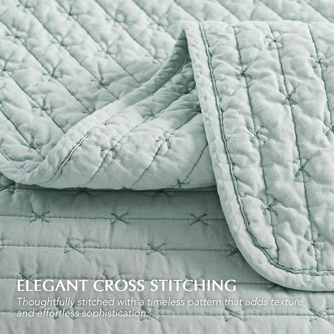 100% Cotton Cross Stitch Quilt Set, Seafoam Aqua | 100% Cotton, Elegant Cross - Image 3