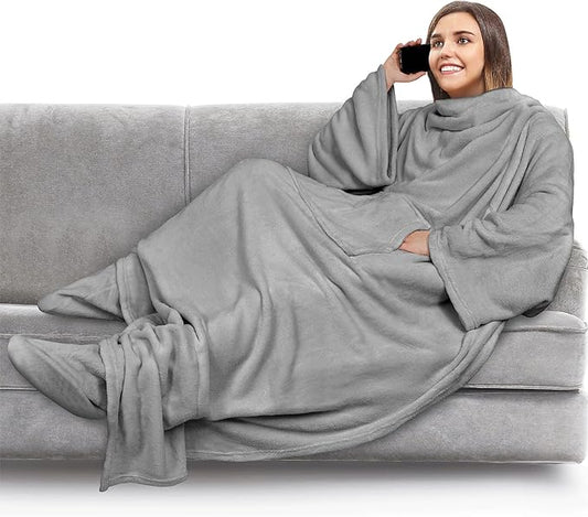 PAVILIA Fleece Blanket with Sleeves, Foot Pockets for Women Men Adults, Plush Wearable Blanket Throw Wrap, Warm Snuggle Blanket Robe, Cozy Gift Ideas Wife Mom, Light Gray