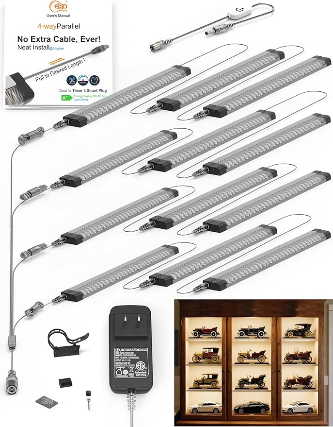 EBD LED Under Shelf Lighting, 4-Way Parallel Light Bar, 12-Panel Cabinet Lights, 3000K 5400Lm Counter Lights with Slack-Free Wiring, Maximized for Spacious 4-Layer Showcase, Bookcase & Storage Rack