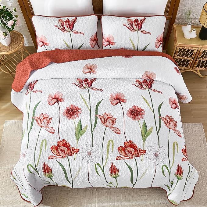 WONGS BEDDING Red Quilt Set King Size, Cute Red Floral Botanical Bedspread - Image 3