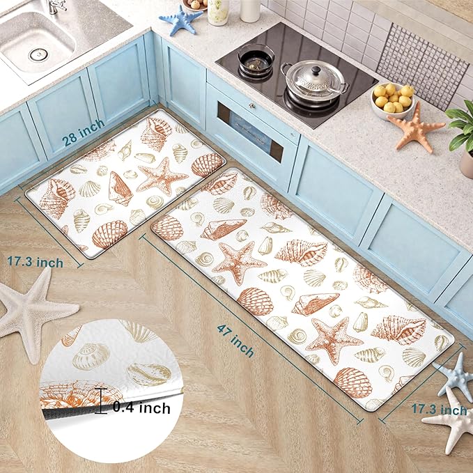 Kitchen Mats for Floor Cushioned Anti Fatigue Sets of 2 Beach Theme Kitchen Rugs Non Slip Waterproof Coastal Foam Kitchen Floor Rug Nautical Seashell Comfort Standing Mat For Sink Laundry, Coral