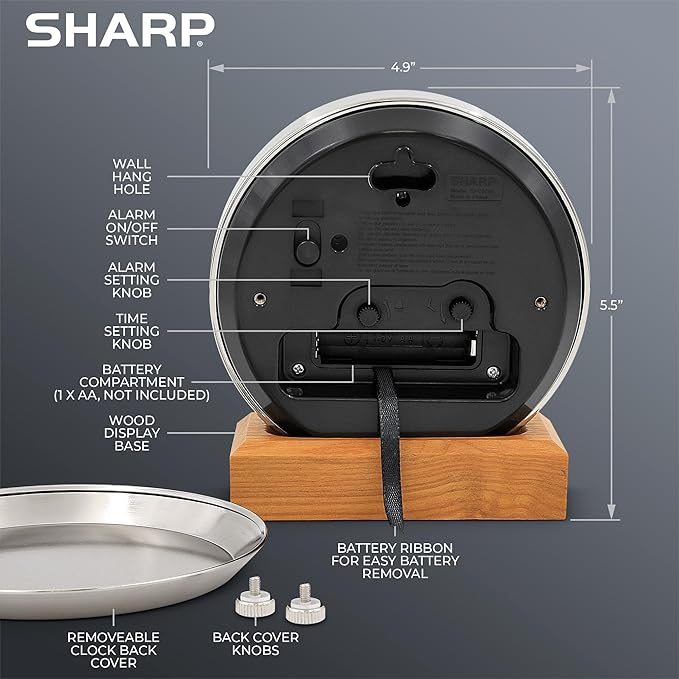 Sharp Silent Sweep Quartz Analog Desk Clock with Alarm Status Indicator on Dial, Brushed Metal Clock with Genuine Wood Stand, Great Gift for Home or Office