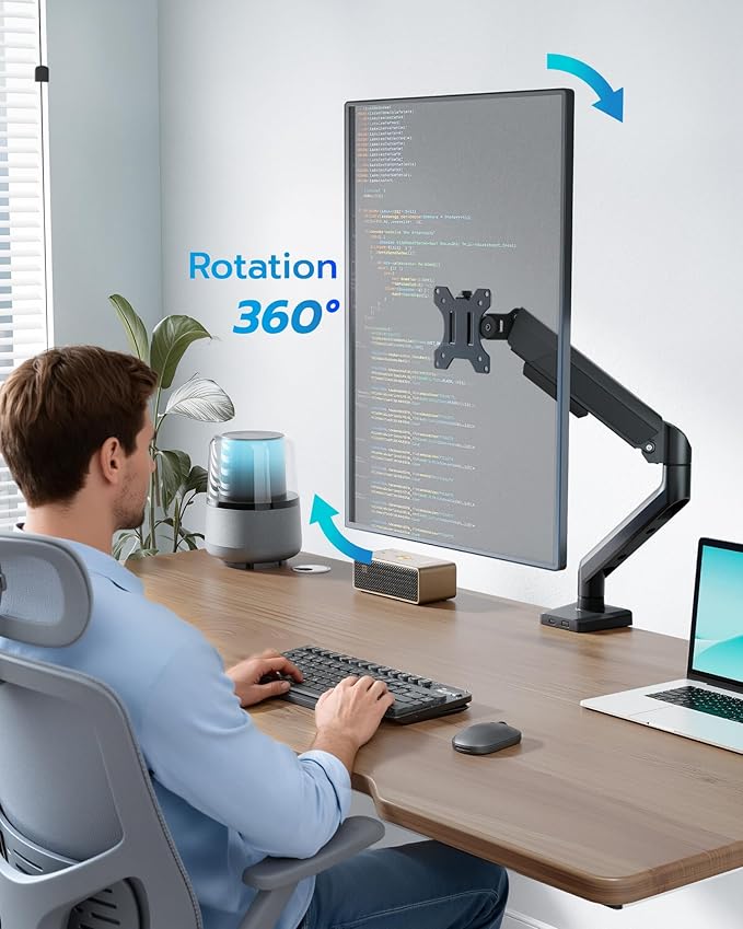 ARES WING Heavy Duty Single Monitor Arm - Fully Adjustable Monitor Mount for 40 34 32 27 Inch Ultrawide Screens Up to 26.4 lbs with Clamp/Grommet Desk Mount, 75/100 Vesa Mount, Black