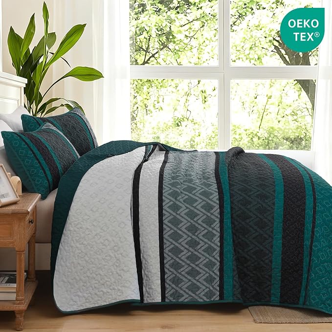 Dinjoy Quilts King Size, Striped Bedspread Bedding Sets, Dark Green | 3 Pieces - Image 3