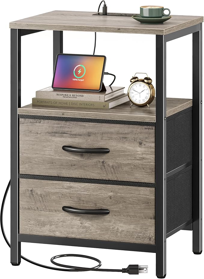 Huuger Nightstand with Charging Station, Side Table with Fabric Drawers | End by Huuger