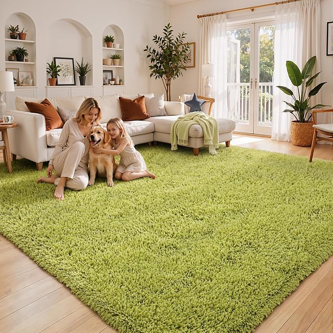 8x10 Area Rugs for Living Room, Grass Green Large Shaggy Plush Furry Carpet | by Junhejiamei