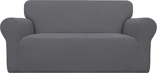 Easy-Going Stretch Loveseat Slipcover 1-Piece Sofa Cover Furniture Protector Couch Soft with Elastic Bottom for Kids Polyester Spandex Jacquard Fabric Small Checks (Loveseat, Grey)