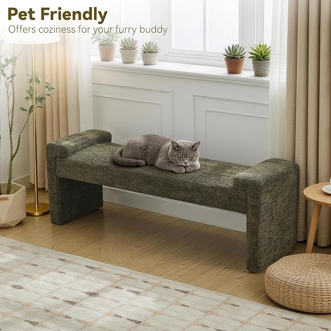 Upholstered Entryway Bench, 58.7" Modern Bedroom Bench, Curved Armrests - Image 5