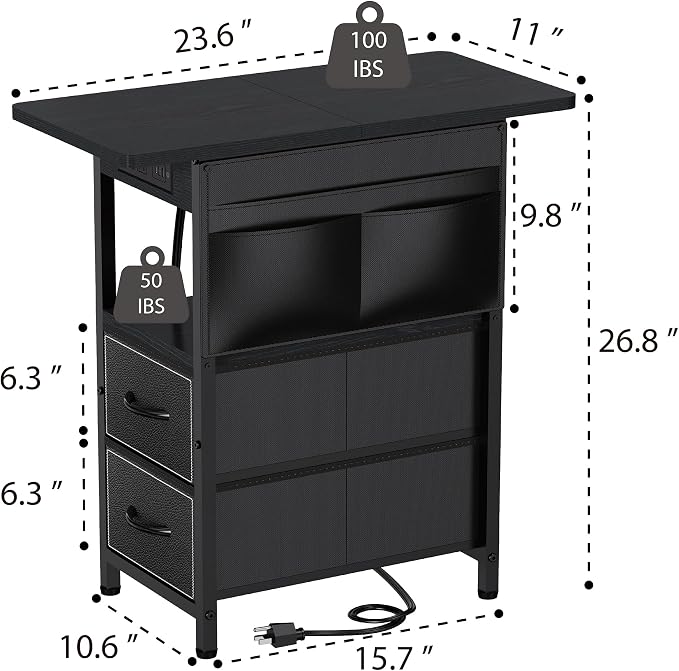 Yenlure Small Side Table with Charging Station, Narrow Nightstand Bedside - Image 3