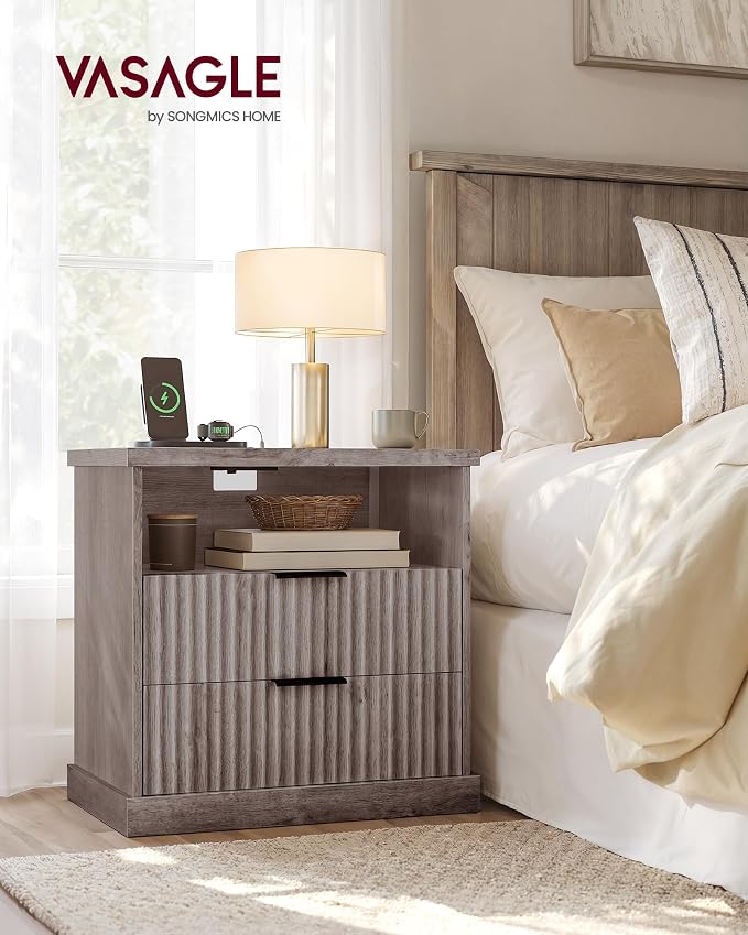 VASAGLE Nightstand with Charging Station, 2 Drawers, Open Shelf | Bedside Table - Image 2