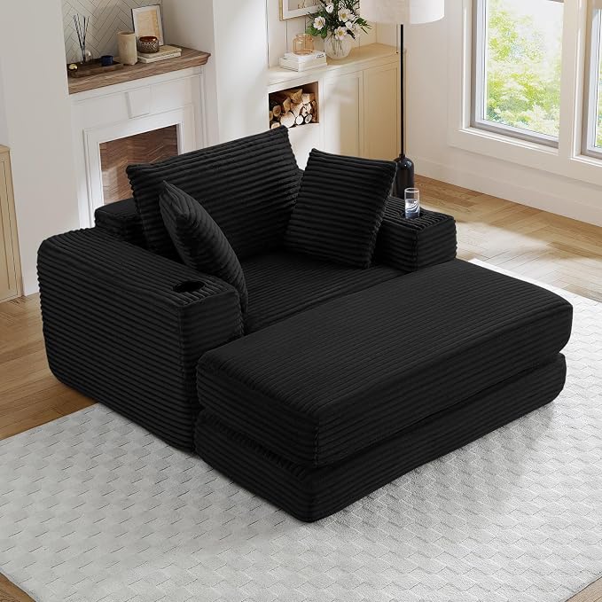 Oversized Chaise Lounge Chair Indoor, 52.4"W Corduroy Upholstered Fluffy Comfy by JEEOHEY
