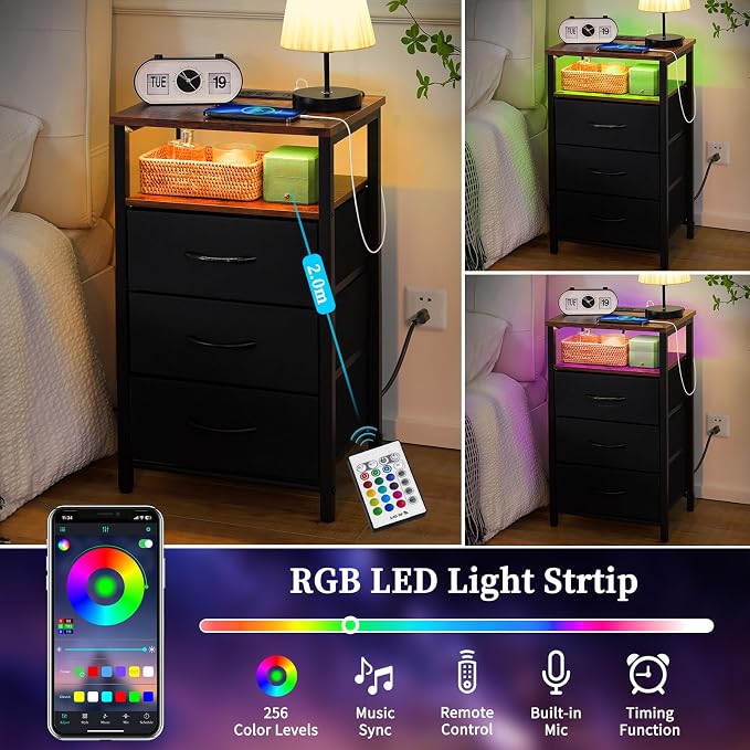 Yoobure Night Stand with Charging Station, 3 Fabric Drawers Nightstand - Image 4
