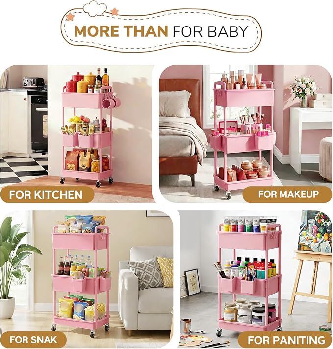 Goovilla Diaper Cart with Lockable Wheels and Easy Assembly, 3 Tier Pink | - Image 7