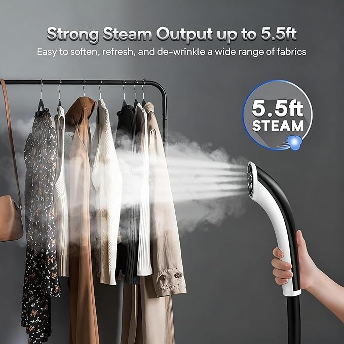 Gerank Steamer for Clothes, 1500W Standing Garment Steamer with 35s Fast Heating, 2.5L Water Tank for 1.5H Steaming, Adjustable Height Stand with Clothes Hanger, Professional Wrinkle Removal