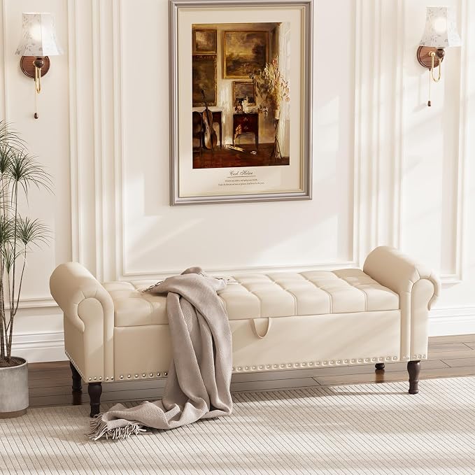 Apicizon 60” Bench with Storage, Faux Leather Ottoman Bench with Rolled Arm & - Image 9