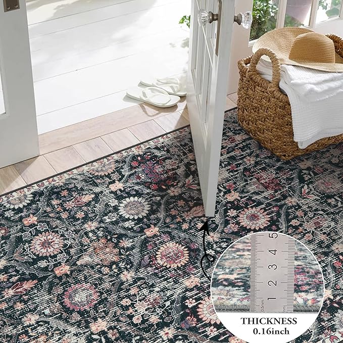 Lahome Moroccan Machine Washable Rugs for Living Room, 4x6 Rug for Bedroom Non-Slip Vintage Trellis Ultra-Thin Throw Carpet for Dining Room Office Nursery, Black/Multi